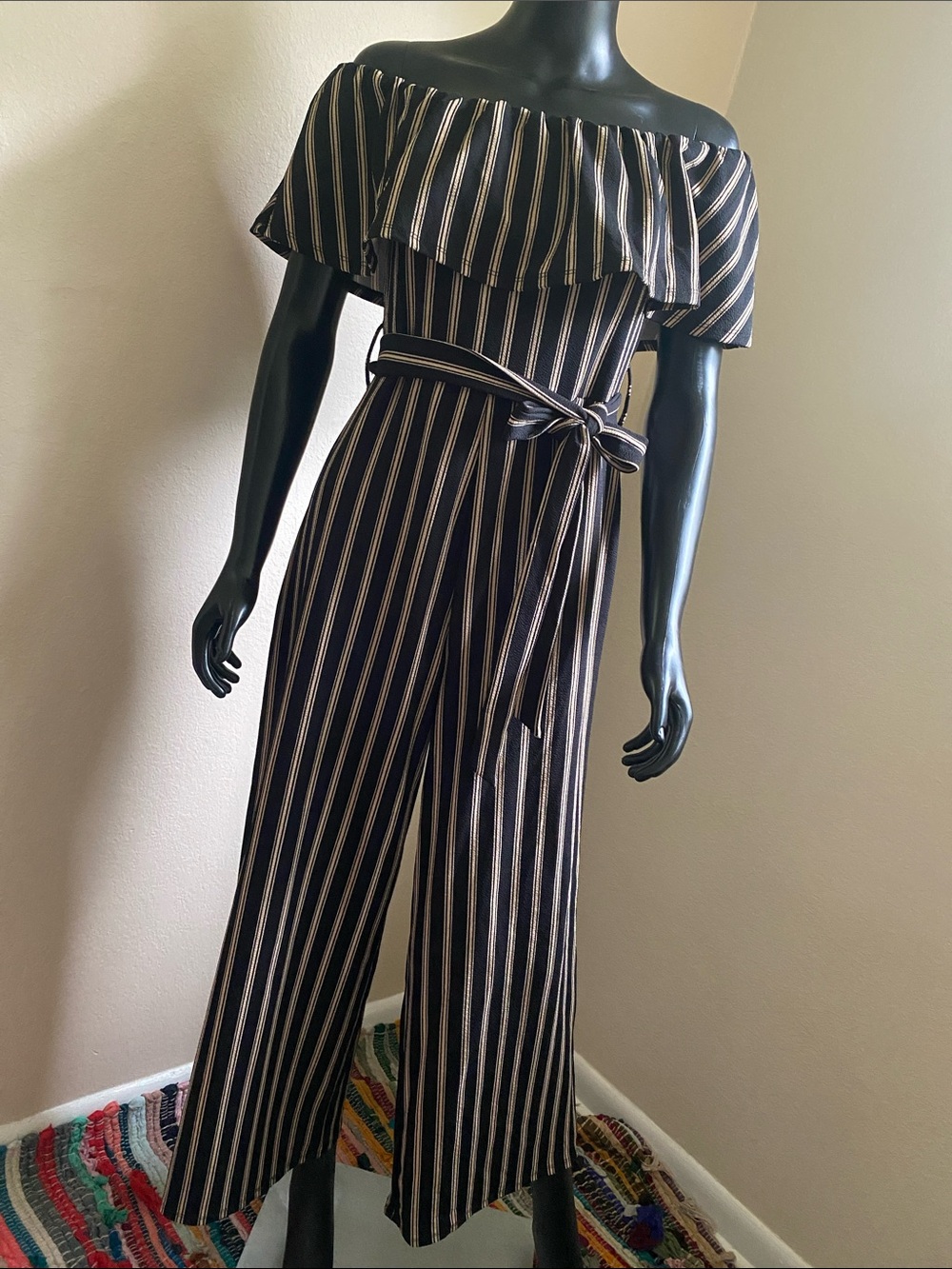 Forever 21 Black Off Shoulder Jumpsuit with Cream Pinstripes and Ruffle Neck